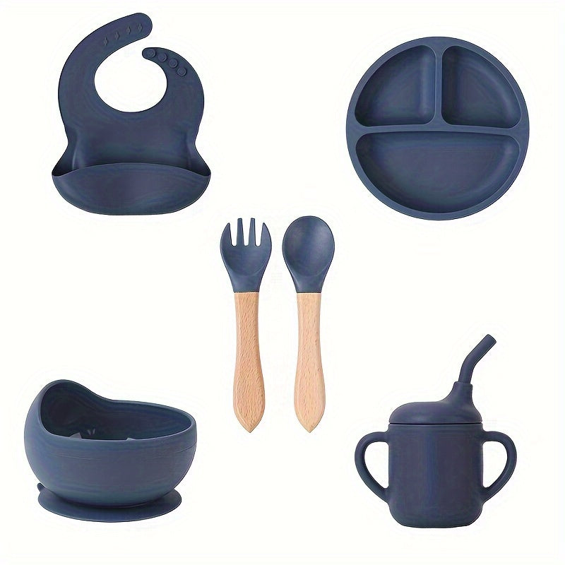 Set of 6 Silicone Feeding Items, Including Suction Bowl, Divided Plate, Self-Feeding Dish, Spoon, Fork, Sippy Cup, Adjustable Bib, and Eating Utensils for Led Weaning.