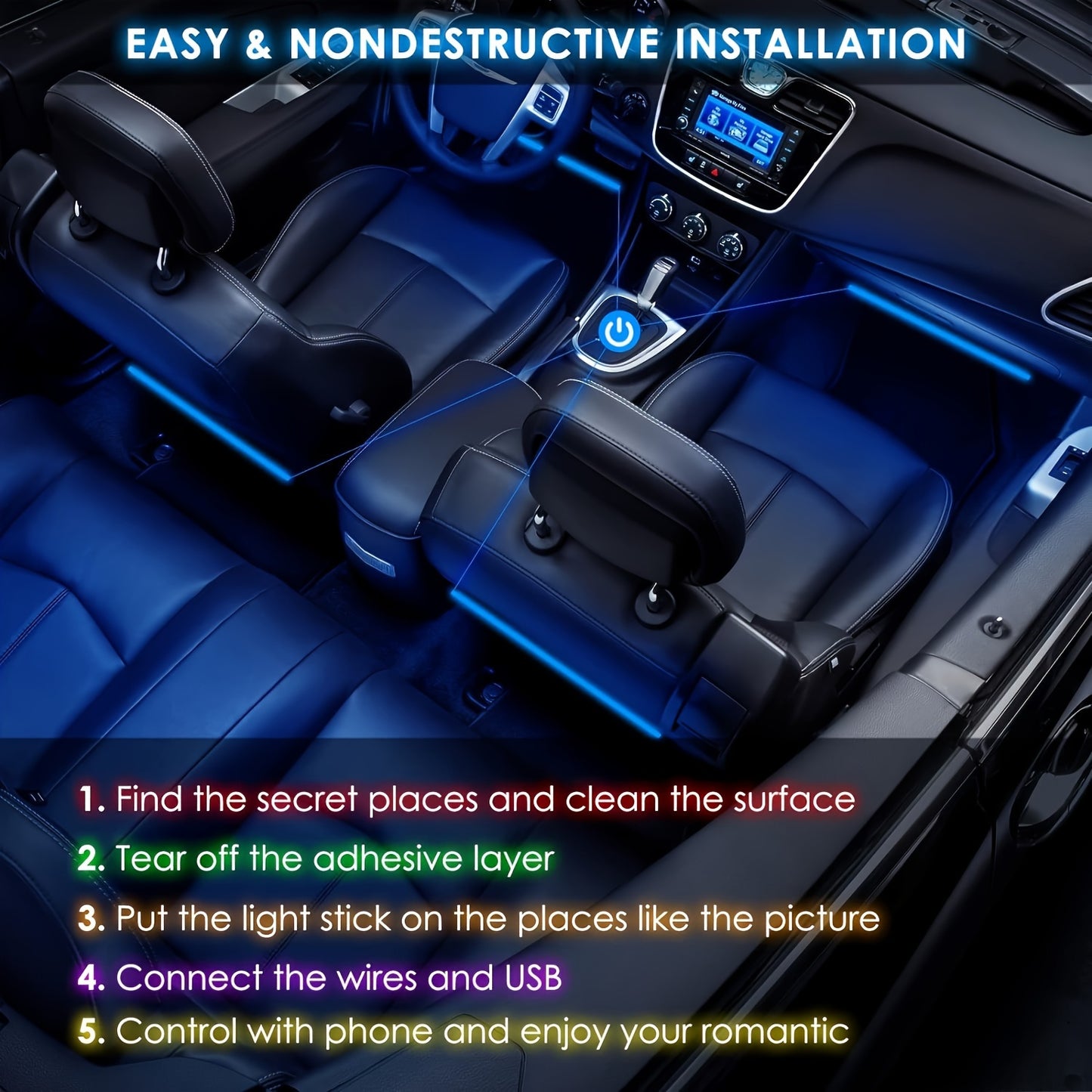 LED car interior lighting kit with music sync, USB-powered, ideal for parties and festivals, fits most vehicles.