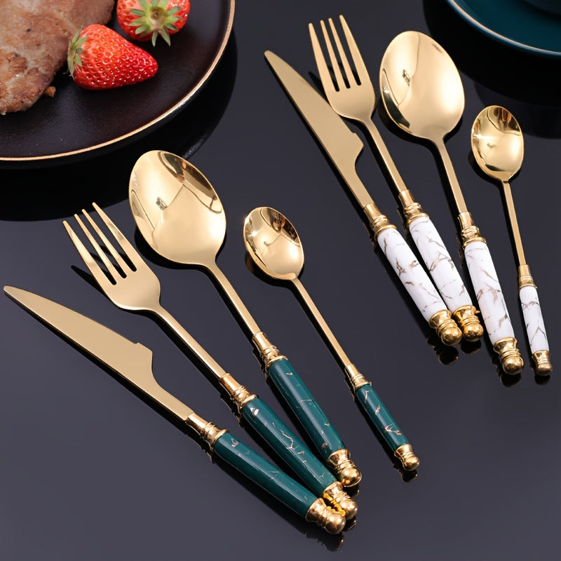 24-piece stainless steel tableware set with ceramic handles for steak knife, fork, spoon, dessert spoon, suitable for use in hotels, restaurants, and western table settings.