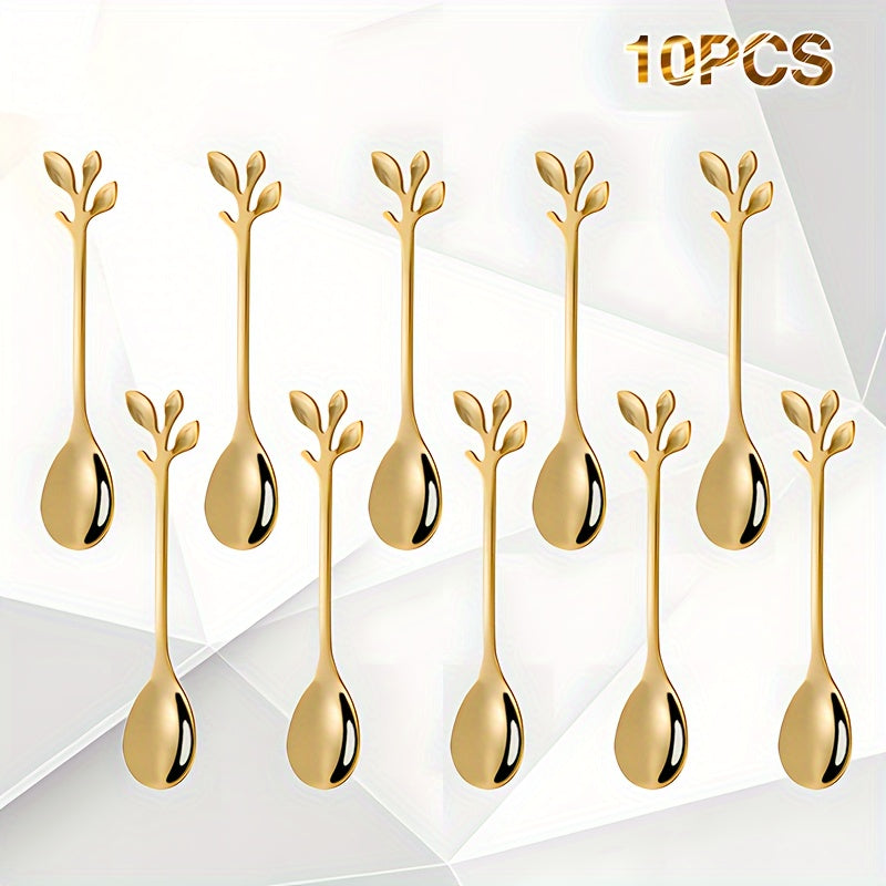 Set of 10 stainless steel coffee spoons with creative leaf-shaped handles, perfect for stirring coffee or desserts. Also includes honey and fruit spoons. Each spoon measures 12.4cm and is available in both silvery and golden colors. Choose from a set of