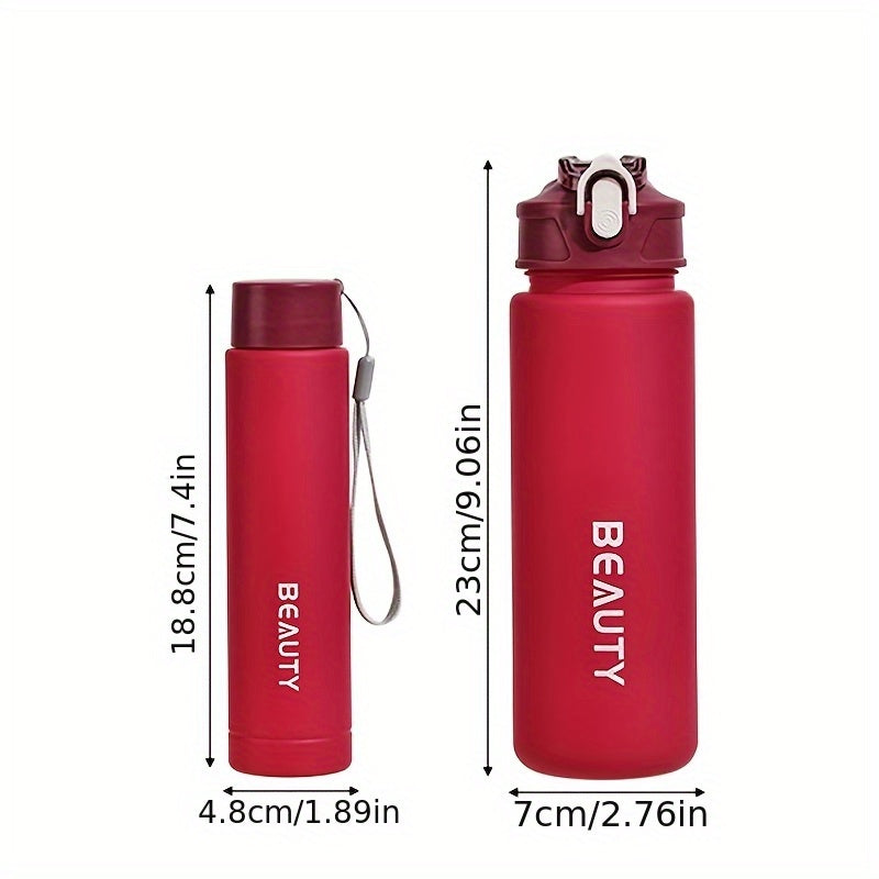 Durable, lightweight, and portable frosted plastic water bottle with scale for outdoor sports and office use.