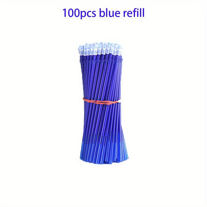 Set of 100 erasable gel pen refills, 0.5mm tip size, in blue/black ink, ideal for school writing.