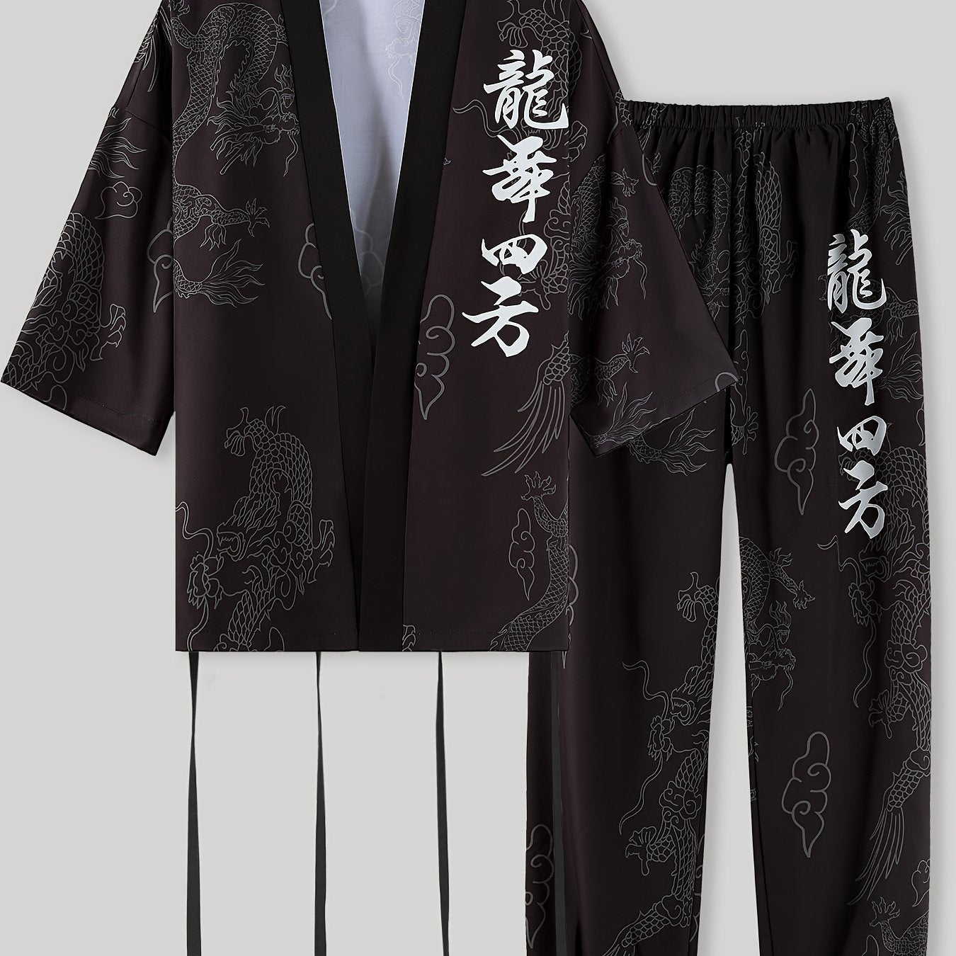 Men's dragon print pajama set for casual wear, featuring a Japanese-inspired mid-sleeve top and long pants made of breathable polyester, machine washable.