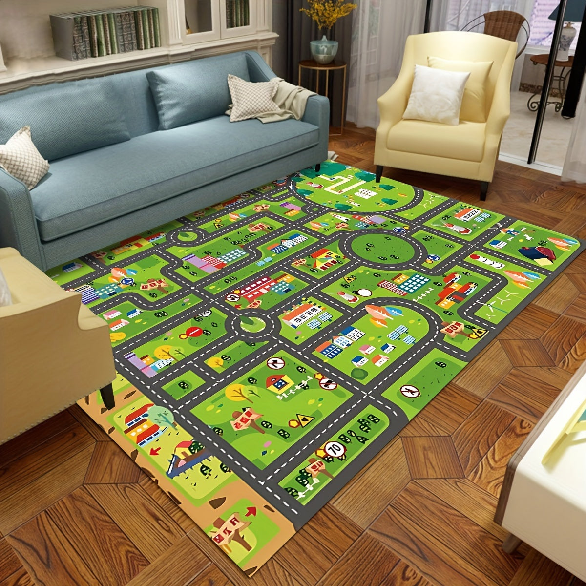 Get ready for exciting adventures with the Urban Roadscape Youngsters' Play Mat! This soft and thick flannel rug provides anti-fatigue support and is perfect for use in the kitchen, bathroom, or living room. With its non-slip design, machine washable