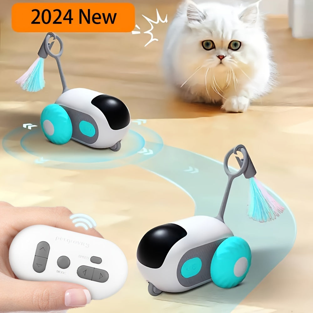 Teasing cat toy electric car with remote control and autopilot mode, includes teasing cat stick, pet supplies.