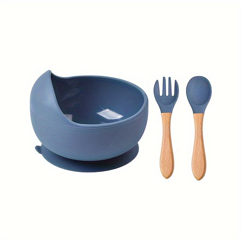 Three pieces of silicone feeding bowl, fork, and spoon set with durable suction bowl. Includes feeding kit with wooden handle, non-slip design, and microwave safe.