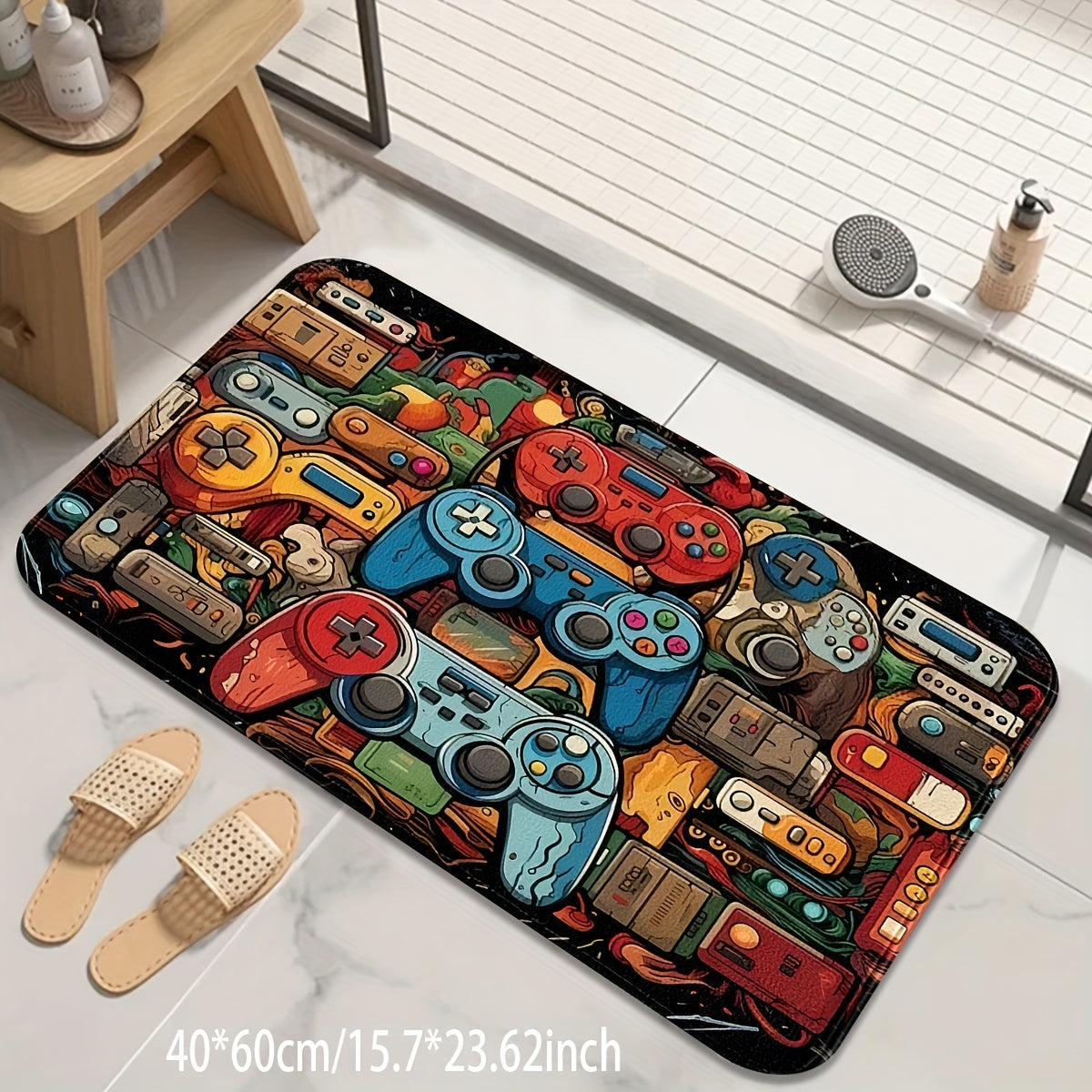 Kitchen and Bathroom Rug with Novelty Retro Gaming Controller Design, Ideal for Game Room, Non-Slip Door Mat for Bedroom Entry, Made of Machine-Durable Polyester with Medium Pile, Hand Washable - Available in Multiple Sizes