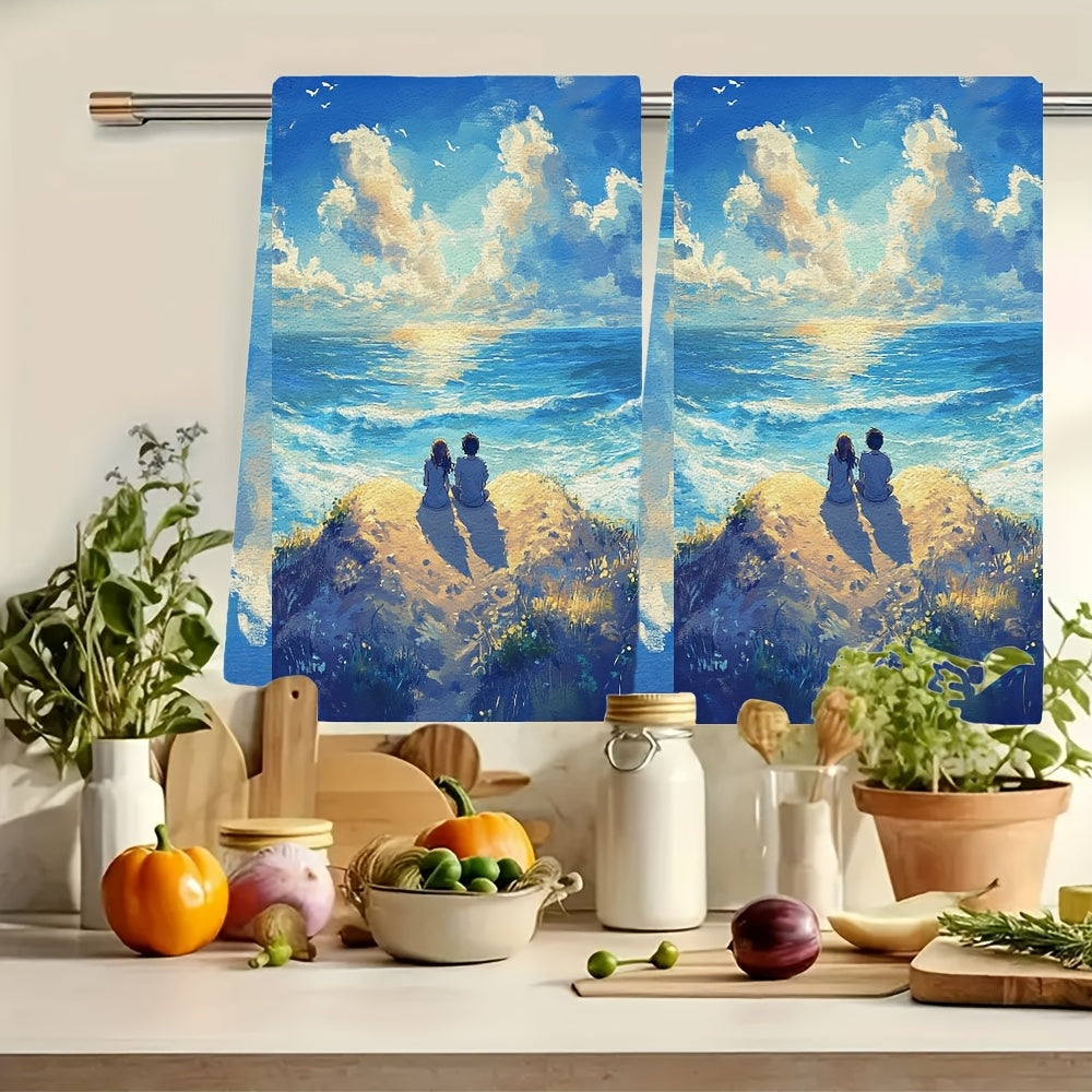 This set includes 2 ultra-soft kitchen towels with an anime couple seated on a heart-shaped sand dune, gazing at the waves. These dish towels are highly absorbent, perfect for holiday decoration, machine washable, and measure 40.64X60.96 cm.