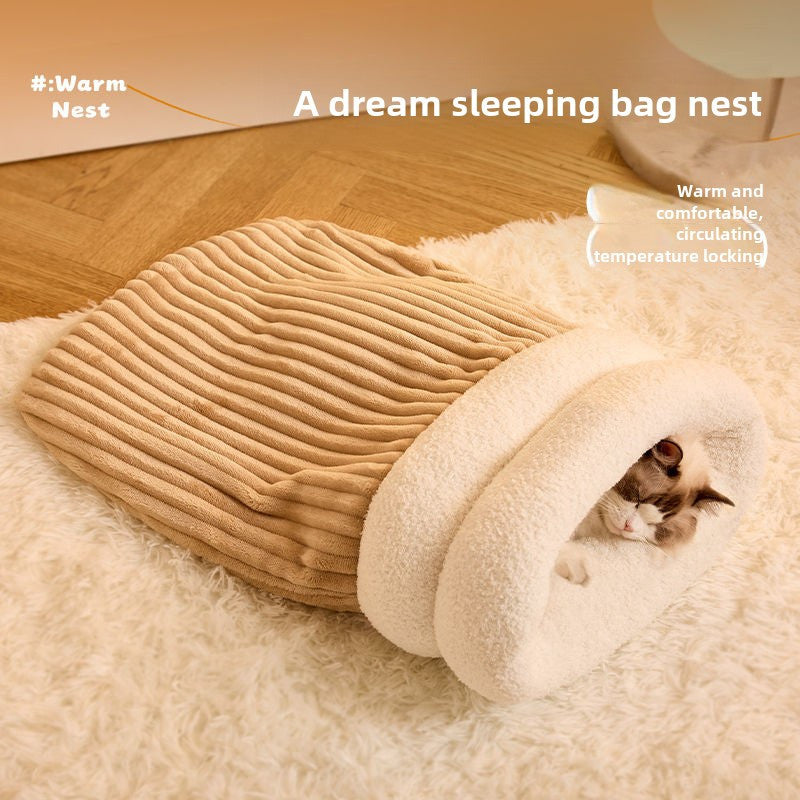 360° Wrap Plush Cat Sleeping Bag with temperature locking feature, perfect for winter. Beige/Light Brown, Snuggle Wrap Design, Polyester Fiber Fill.