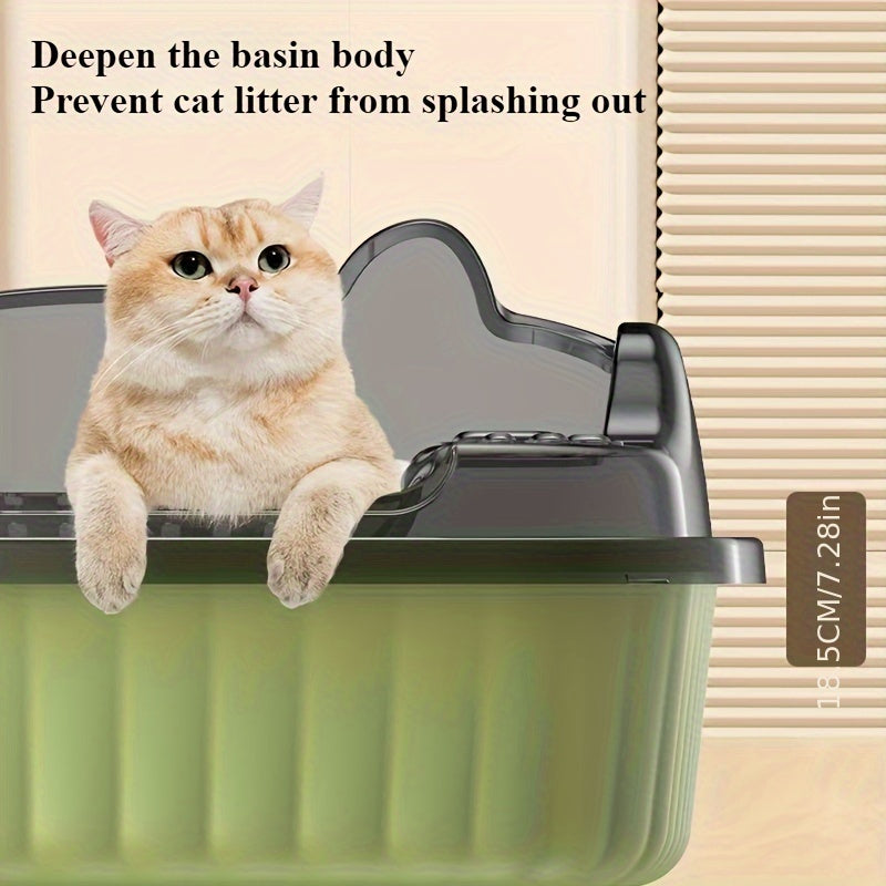 Durable ABS litter box with splash guard in 3 colors, includes scoop.