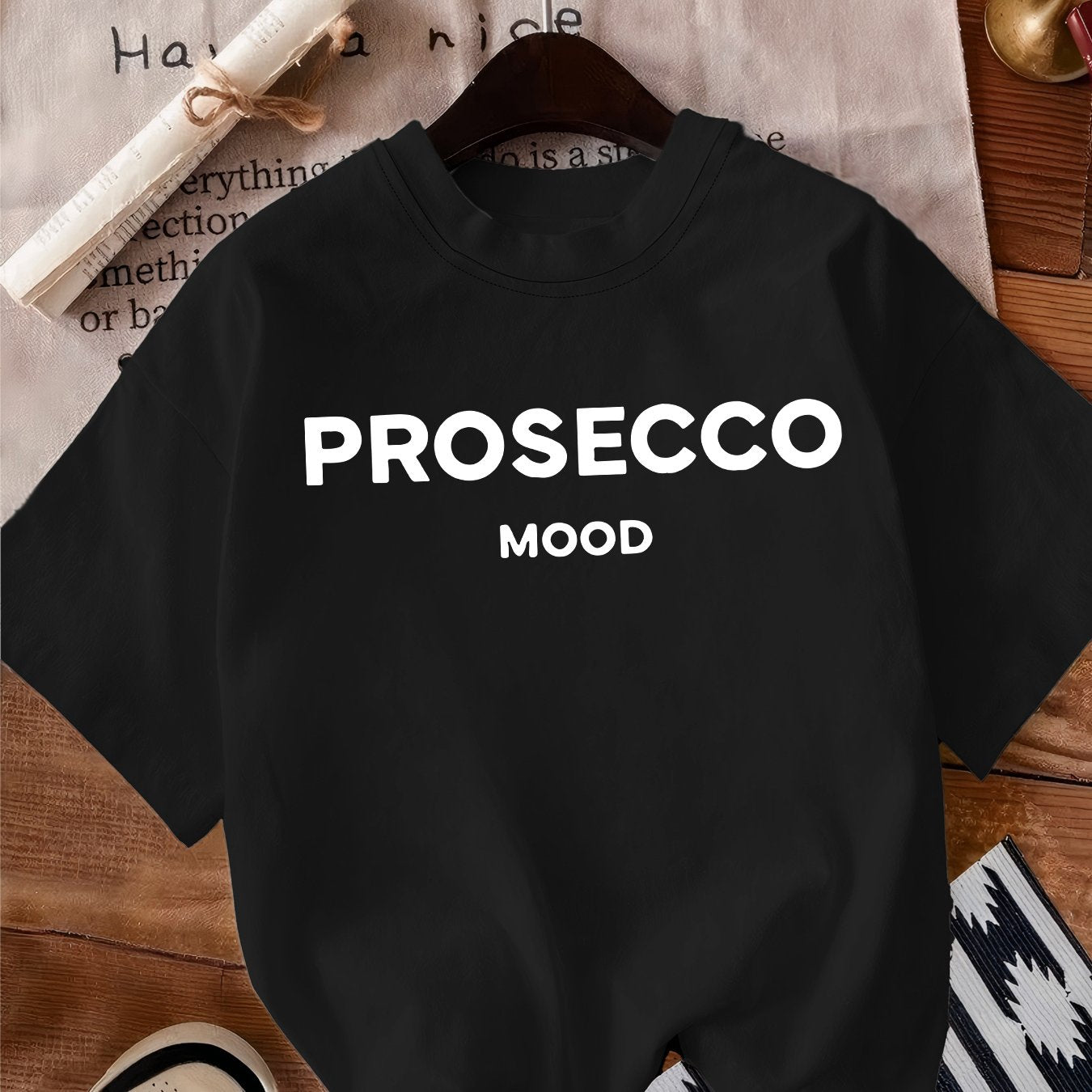 PROSECCO MOOD Ayollar uchun Crew Neck T-shirt, Polyester, Alfavit naqshi, Oddiy uzunlik, Tasodifiy uslub, Barcha mavsumlar