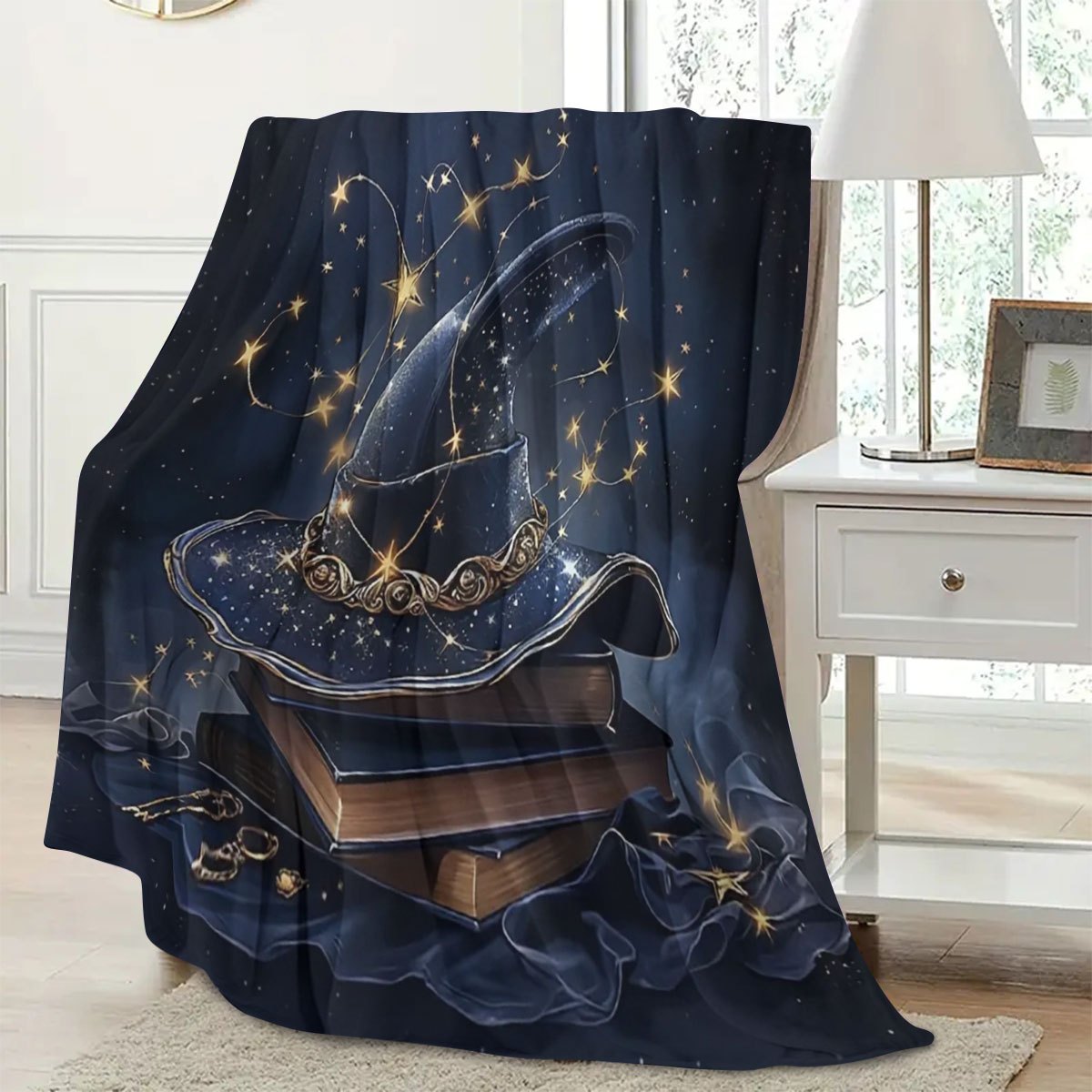 Get in the Halloween spirit with our 1 piece large book and witch hat design printed throw blanket. Made of soft flannel fleece, it is perfect for using on your sofa, bed, or while traveling or camping. This blanket is also great for adding a cozy touch