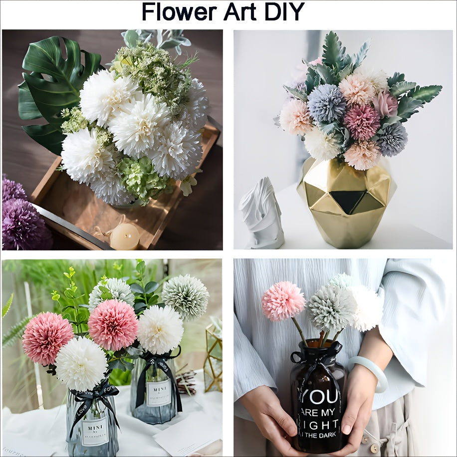 10 artificial chrysanthemum ball flowers for wedding bouquets, home decor, or party table centerpieces.