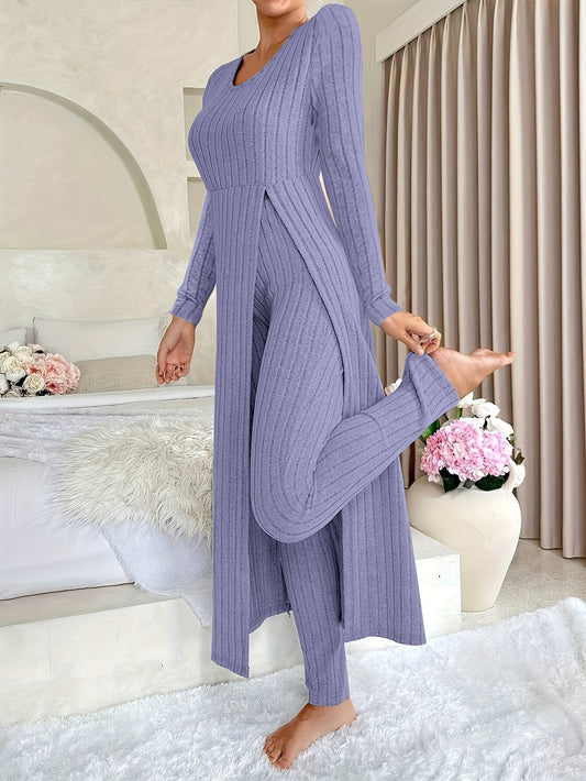 Ribbed long-sleeved top and pants set for women