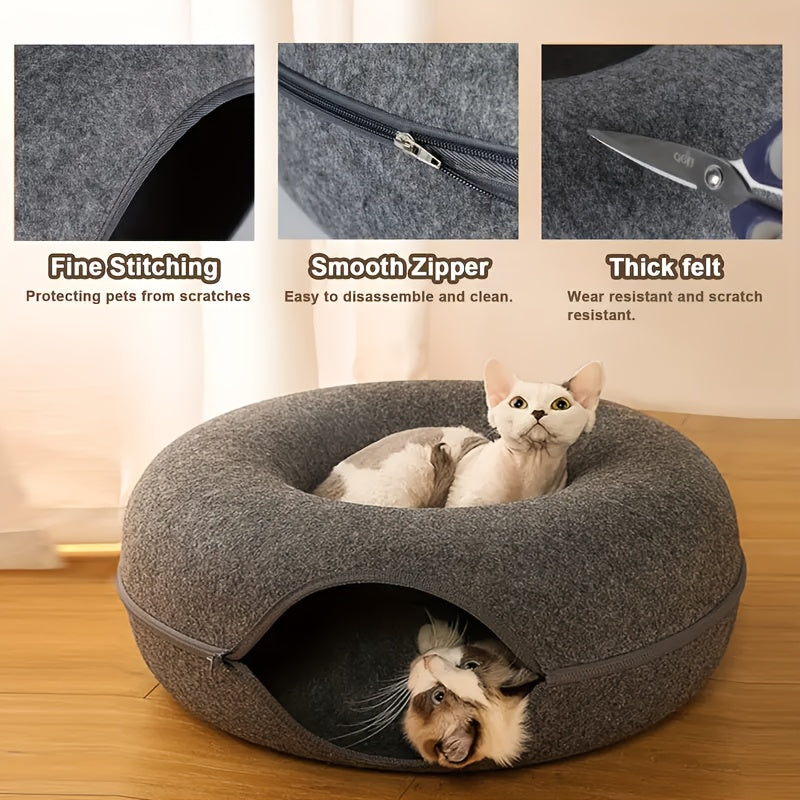 Donut-shaped cat bed with interactive felt tunnel, also serves as a canvas cat house for small to medium cats, ferrets, and rabbits, can be used as a play and training toy.