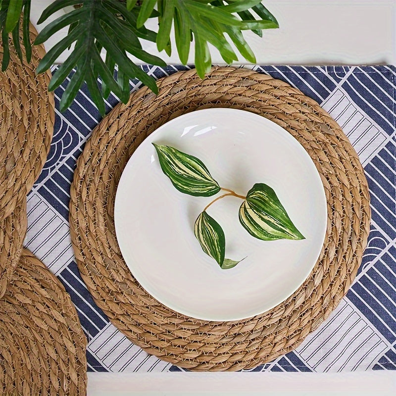 Hand-made set of 6 round rattan placemats for dining and weddings, made from natural water hyacinth.