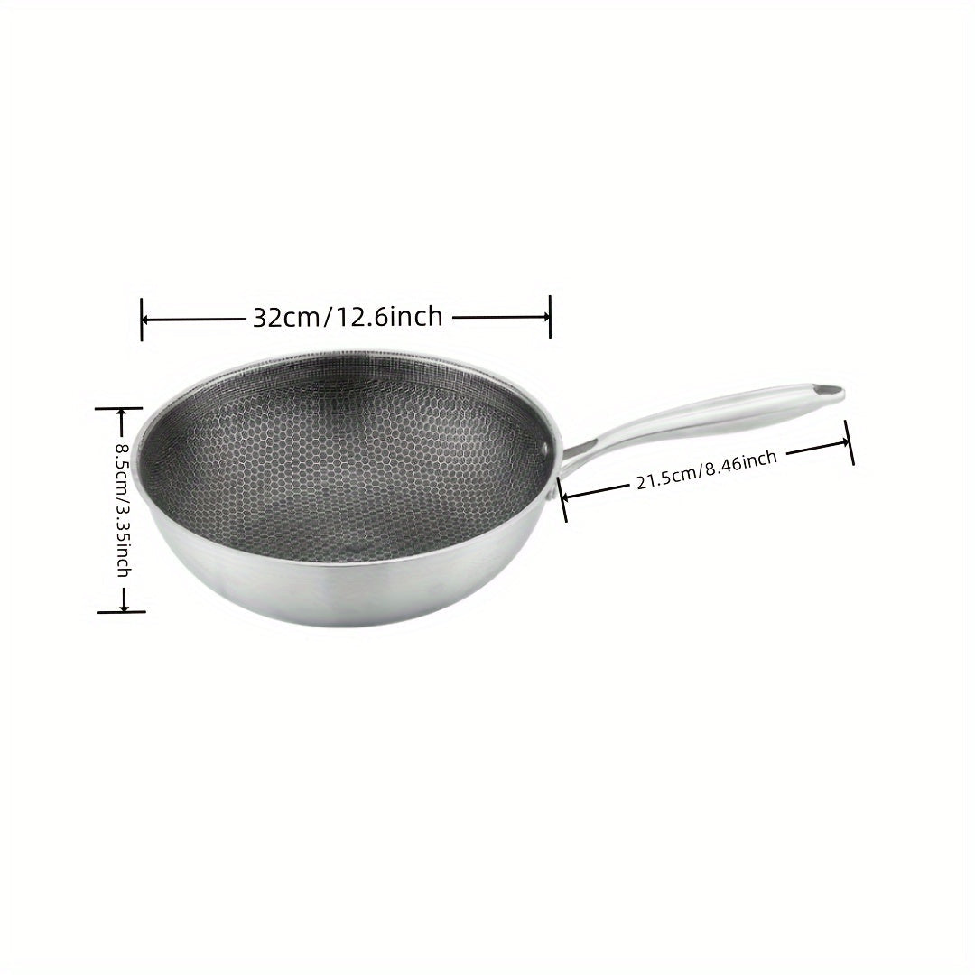 Lightweight Stainless Steel Wok featuring Non-Stick Honeycomb Design - Durable Scratch & Heat Resistance, Convenient One-Handed Lift for Cooking at Home or Outdoors