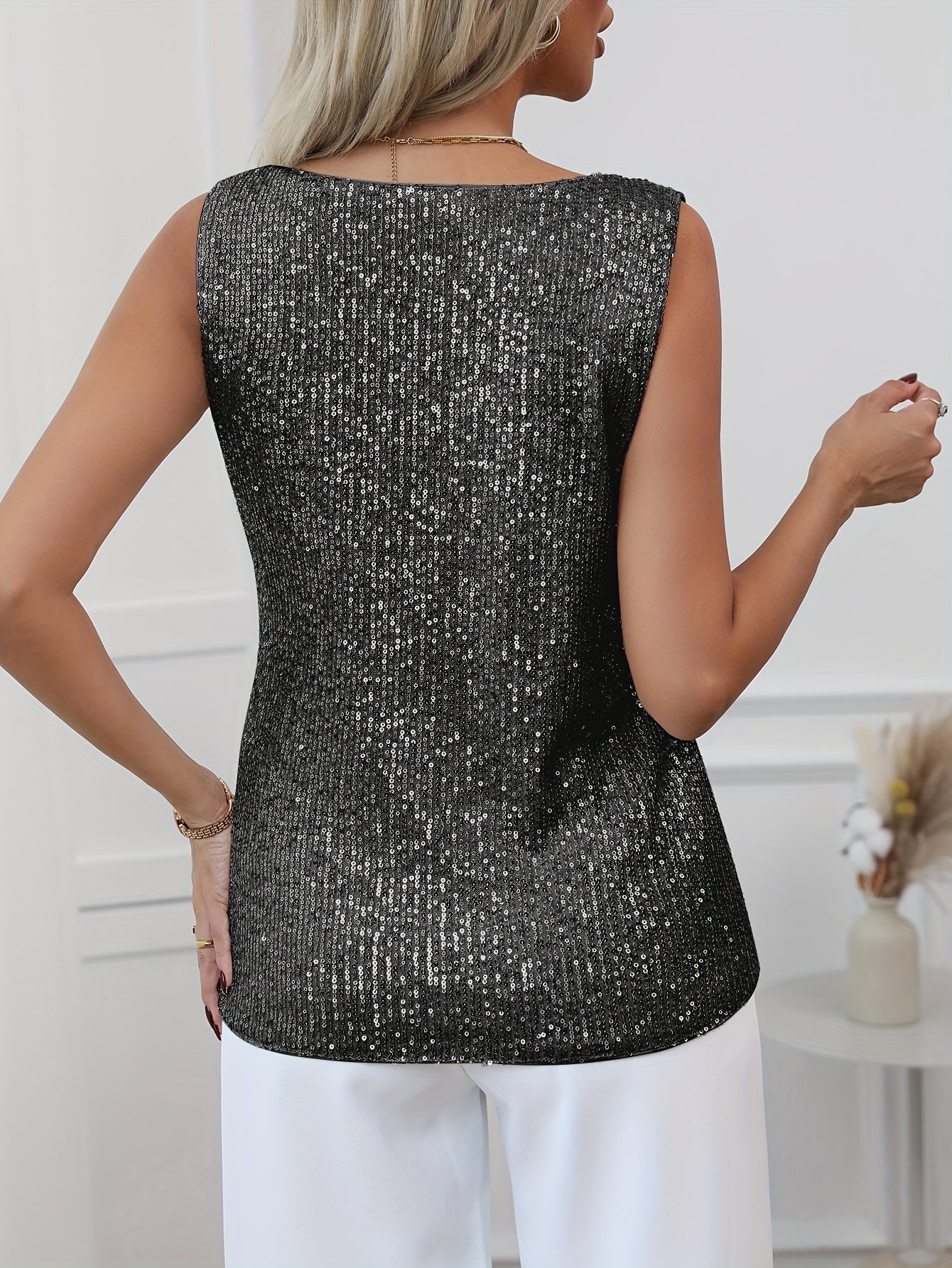 Sparkly V-neck tank top, chic sleeveless top for warm seasons, women's fashion