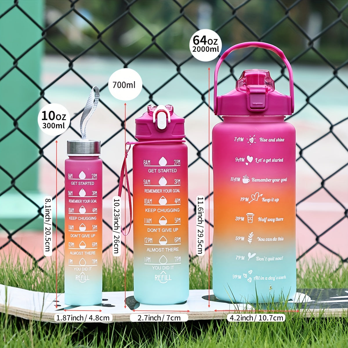 Lightweight sports water bottle with straw, gradient color, motivational phrases, large capacity, BPA-free, ideal for hiking and camping.