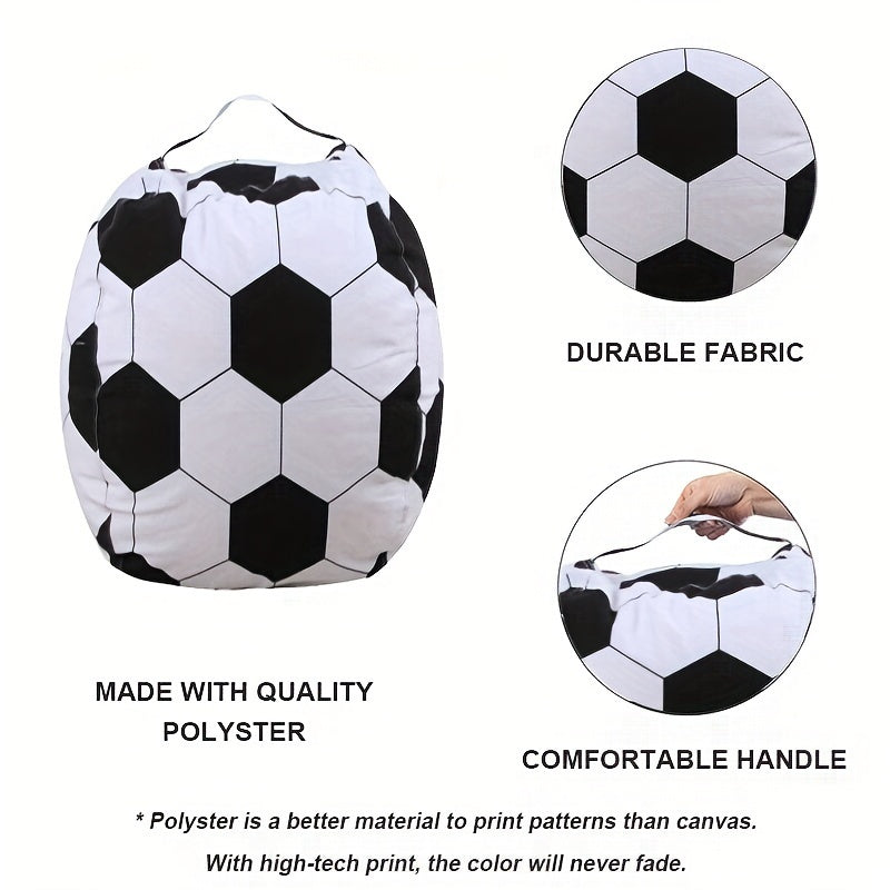 Large soccer ball bean bag chair cover with stuffed sloth plush toy included. Made of polyester material, foldable and hand washable. Can be used as a multipurpose room decor for teen boys. No electricity or batteries required.