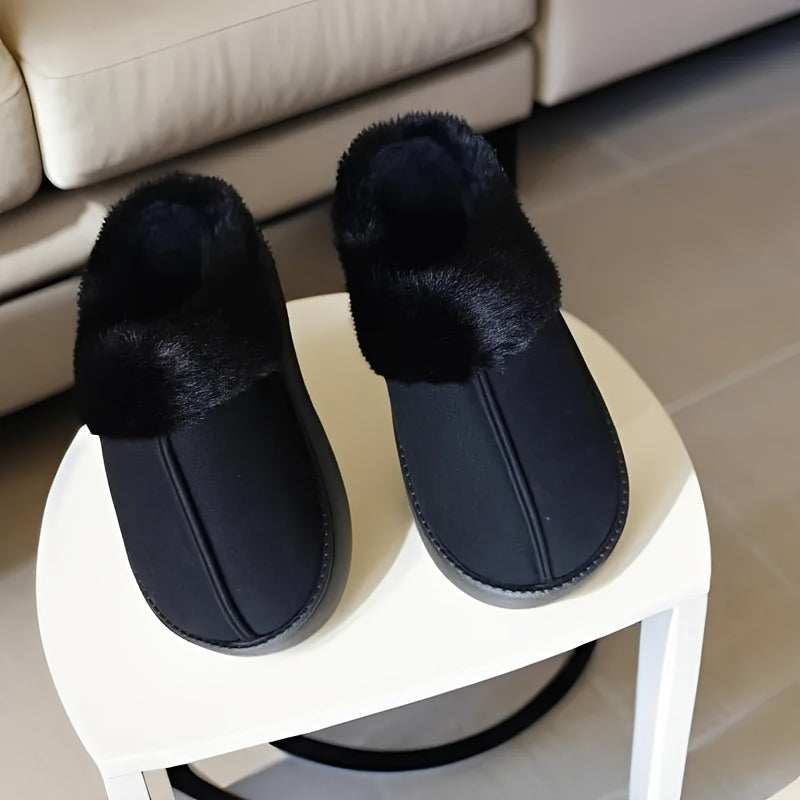 Women's cozy slippers with thick sole for winter warmth, non-slip, hand washable fabric, and EVA sole for home comfort.