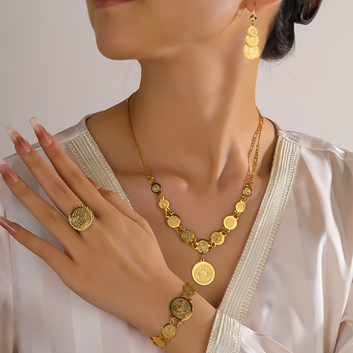 Vintage coin jewelry set with 18K plating, including a fashionable copper necklace, earrings, ring, and bracelet combo. Features an exquisite retro charm, perfect for casual daily wear as a universal season accessory.