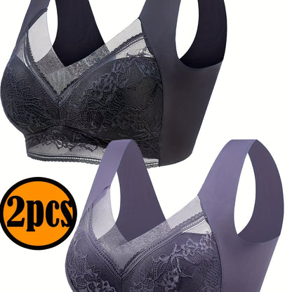 Solid Floral Lace Wireless Tank Bra with Full Coverage and Push Up for Women's Lingerie & Underwear