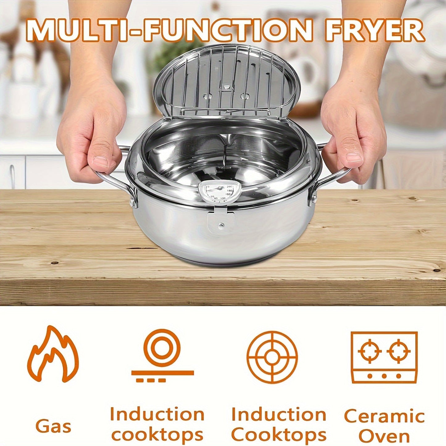 Deep fry your favorite delicacies with ease using this stainless steel pot. Featuring a large capacity of 2.2L and a temperature display, this pot is ideal for frying chicken, fries, and more. It is compatible with gas stoves, induction cookers, and