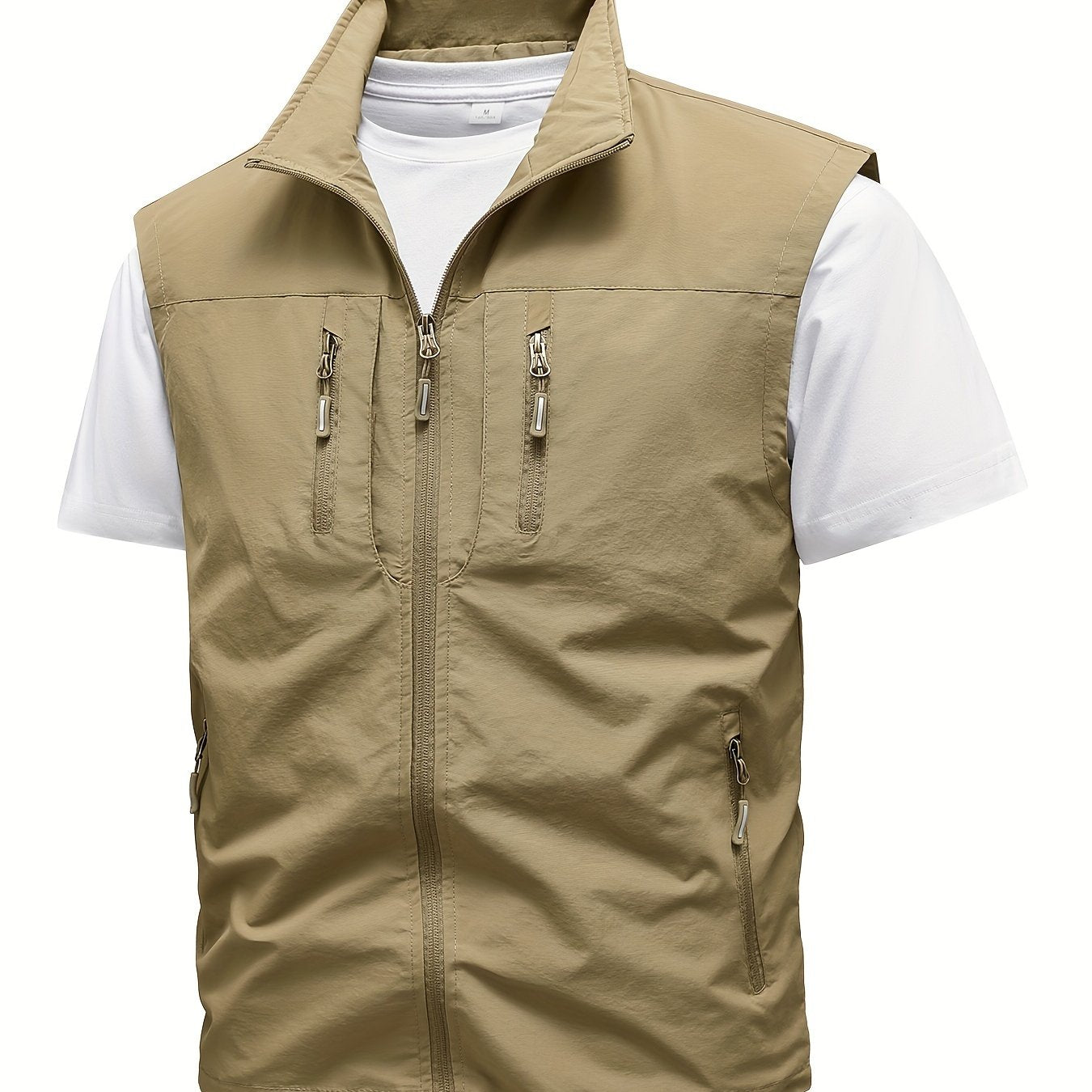 Men's Solid Color Stand Collar Cargo Vest for Spring and Summer