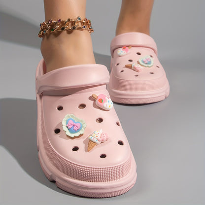 Women's cute cartoon clogs with round toe and breathable design for comfortable wear.