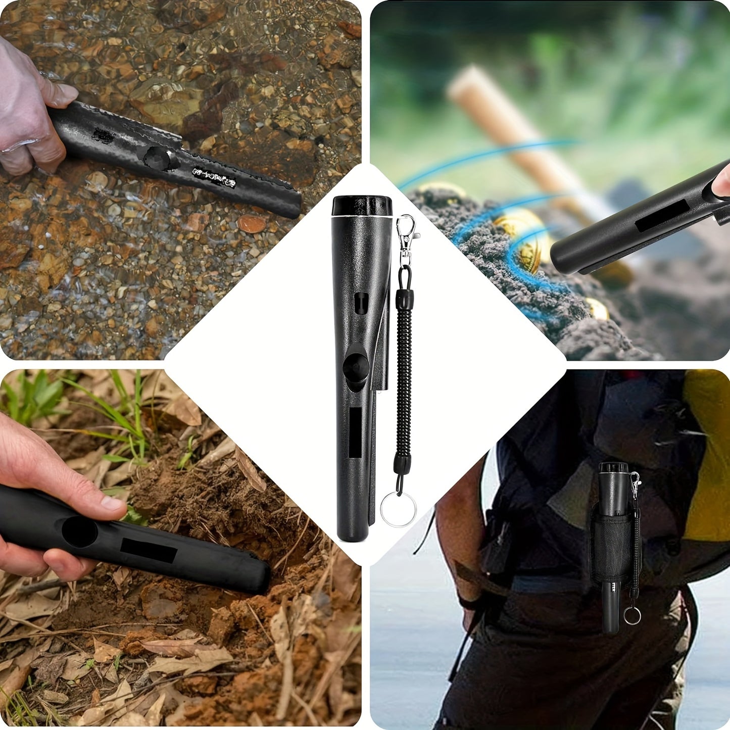 Adjustable sensitivity pinpointer metal detector with 360 degree search, LED indicator, belt holster, buzzer, battery-operated (batteries not included).