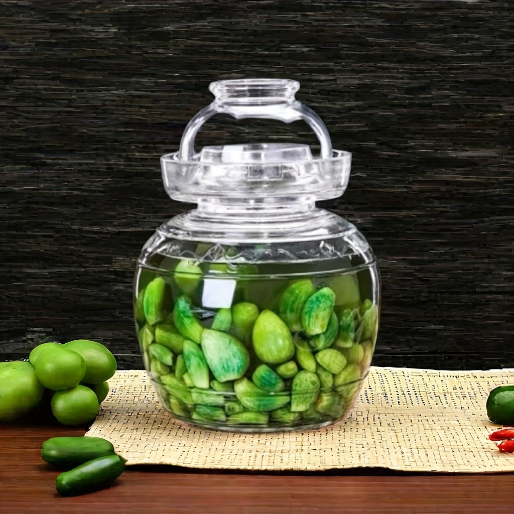 Glass fermentation jar with lid for pickling, 1500ml capacity, ideal for kimchi, sauerkraut, and more. Made of high borosilicate glass with water seal design.