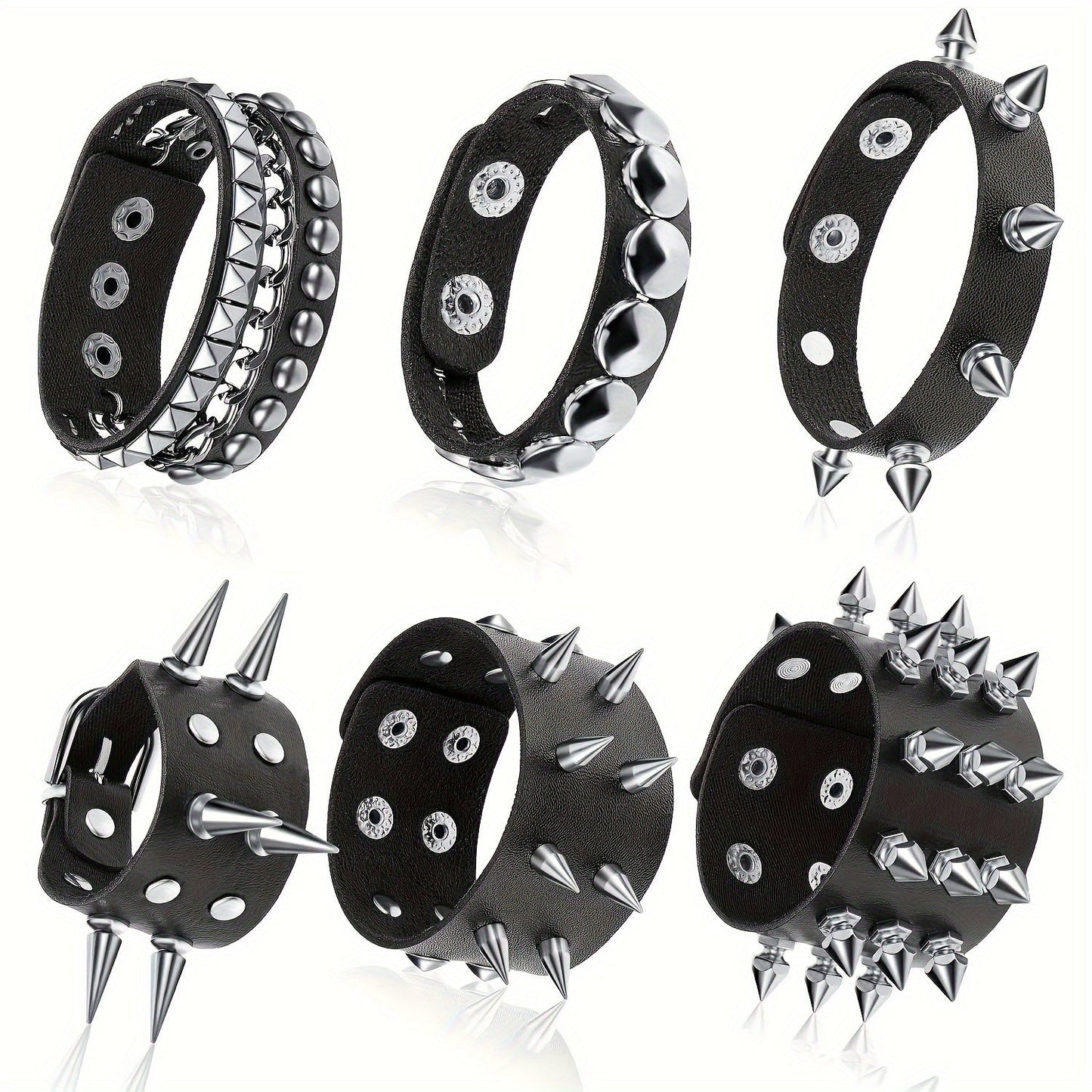 Set of 6 Punk Gothic Faux Leather Bracelets featuring Studded Spikes & Rivet Buckles - Adjustable Black Wristbands Perfect for Men, Rocking 80s Style Party Accessories