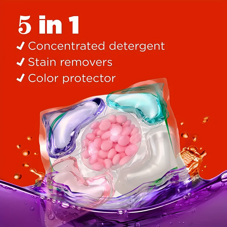 5-in-1 Laundry Detergent Pods - Available in 30, 60, or 90 count. Powerful stain removal and softening with long-lasting scent. Made from high-quality PET material, paraben-free. Ideal for