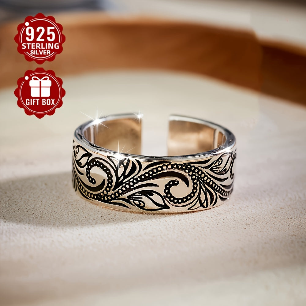 This elegant Bohemian-style 925 sterling silver ring features an adjustable fit and intricate paisley design. Ideal for both men and women, it is perfect for daily wear or special occasions. Weighing 5.5g, this ring is adorned with a leaf flower motif