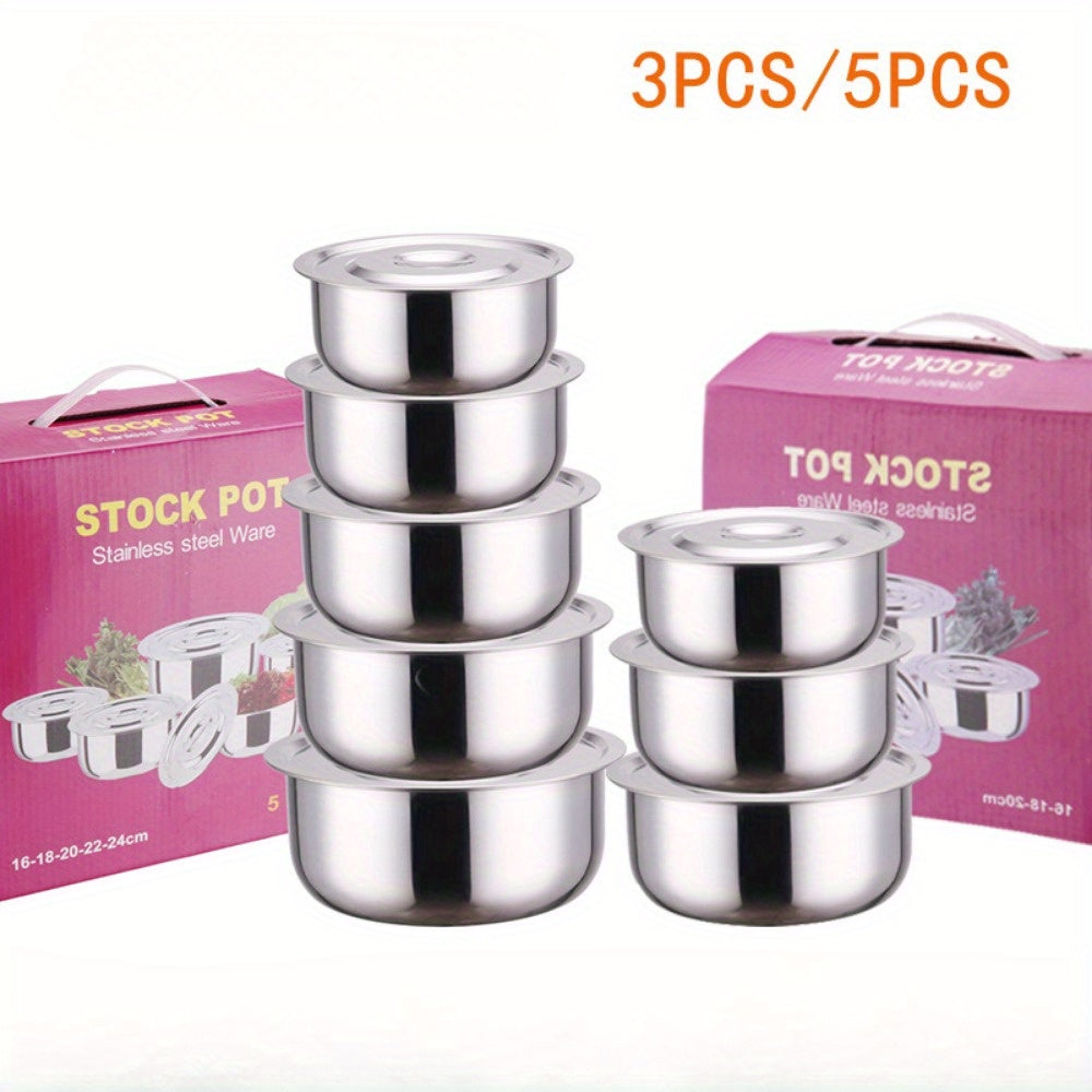 5-piece stainless steel cooking pot set with lid, perfect for use on induction cookers, gas stoves, and electric pottery stoves. Includes a seasoning jar, salad basin, and Thai pot. Ideal for Christmas parties, Ramadan gatherings, and suited for use in