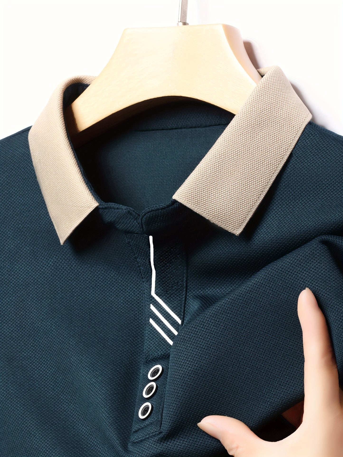 Men's casual business style long sleeve polo shirt made of 95% polyester and 5% spandex. Features a solid color, slight stretch fabric, regular fit with button detailing, and half placket.