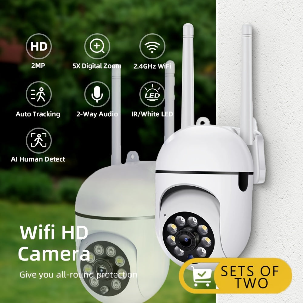 Two sets of outdoor security cameras featuring wireless IP technology for home protection. Includes floodlight with motion detection powered by artificial intelligence, two-way audio, infrared night vision capability, and video surveillance functionality.