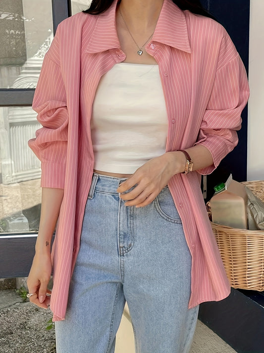 Women's light pink striped long sleeve button-up shirt in soft polyester fabric, with casual collar, machine washable for spring/summer/fall