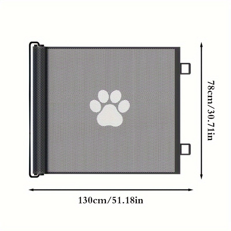 Sturdy retractable dog gate with five adhesive hooks for easy assembly and pet safety at home.