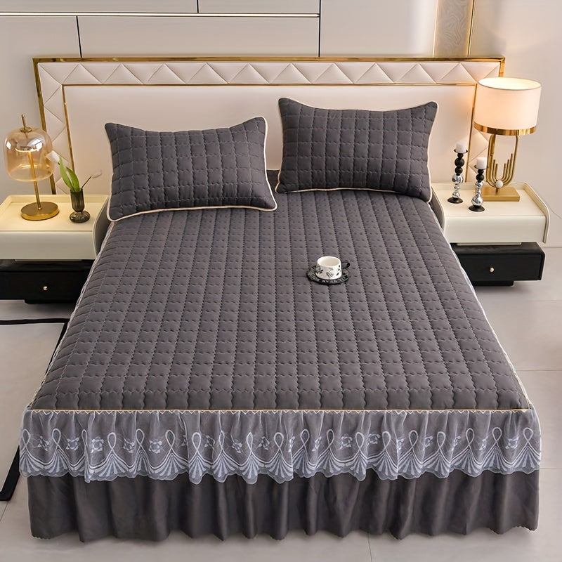 Luxury bedding set includes quilted edge bed skirt, 2 pillowcases, mattress protector, bed sheet, and duvet cover. Skin-friendly, breathable, and easy to maintain. Suitable for various