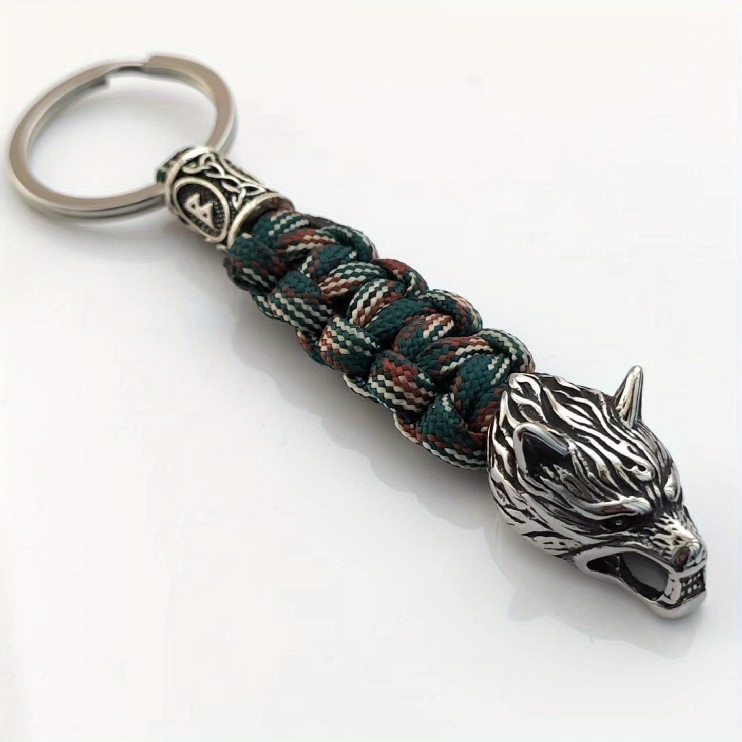 Men's Fashion Accessory: Viking Wolf Head Keychain in Stainless Steel - Hand-Woven Polyester, Sporty and Stylish Key Chain