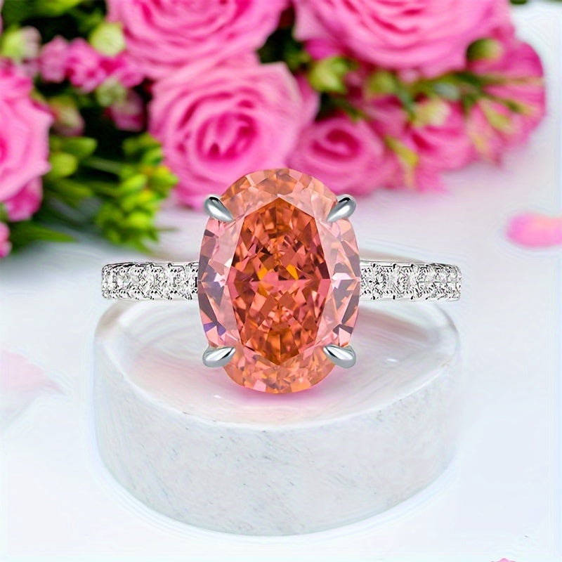 Introducing the MEETMAY S925 Classic Ring in Papalacha Lotus Pink, featuring a high-quality synthetic cubic zirconia ice cut oval measuring 8x10mm. This elegant Western-style ring is versatile for all seasons, perfect for daily wear or special occasions