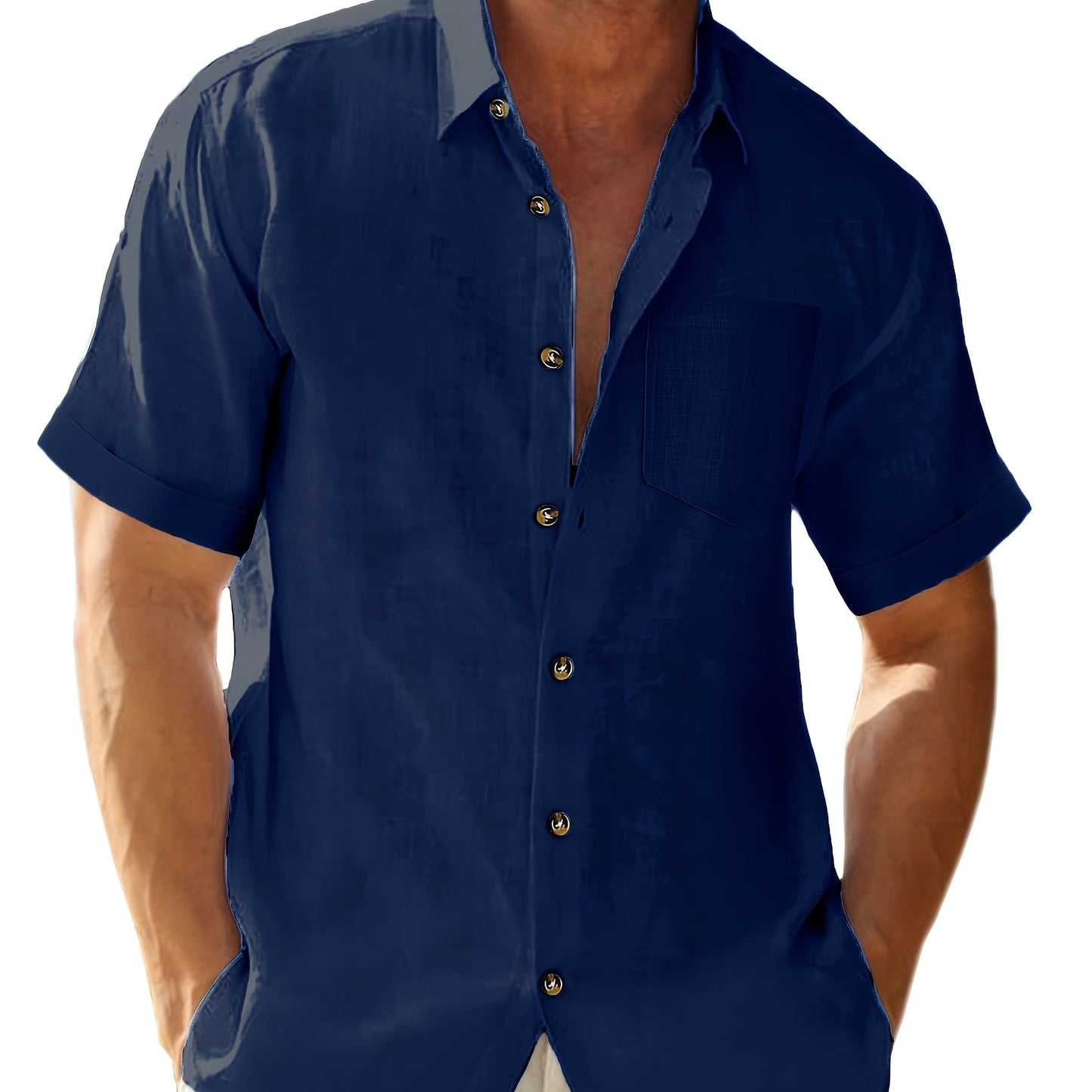 Men's plus size solid blue cotton shirt, casual short sleeve button-up, lightweight for summer comfort and vacation, relaxed look, cotton material.