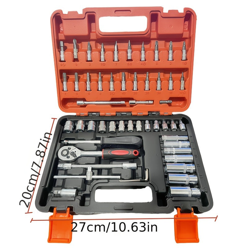 46-piece Ratchet & Socket Wrench Set in 1/4" Drive, Includes Extension Bar, Ideal for Auto Repair - Strong Metal Build, Light Green Color