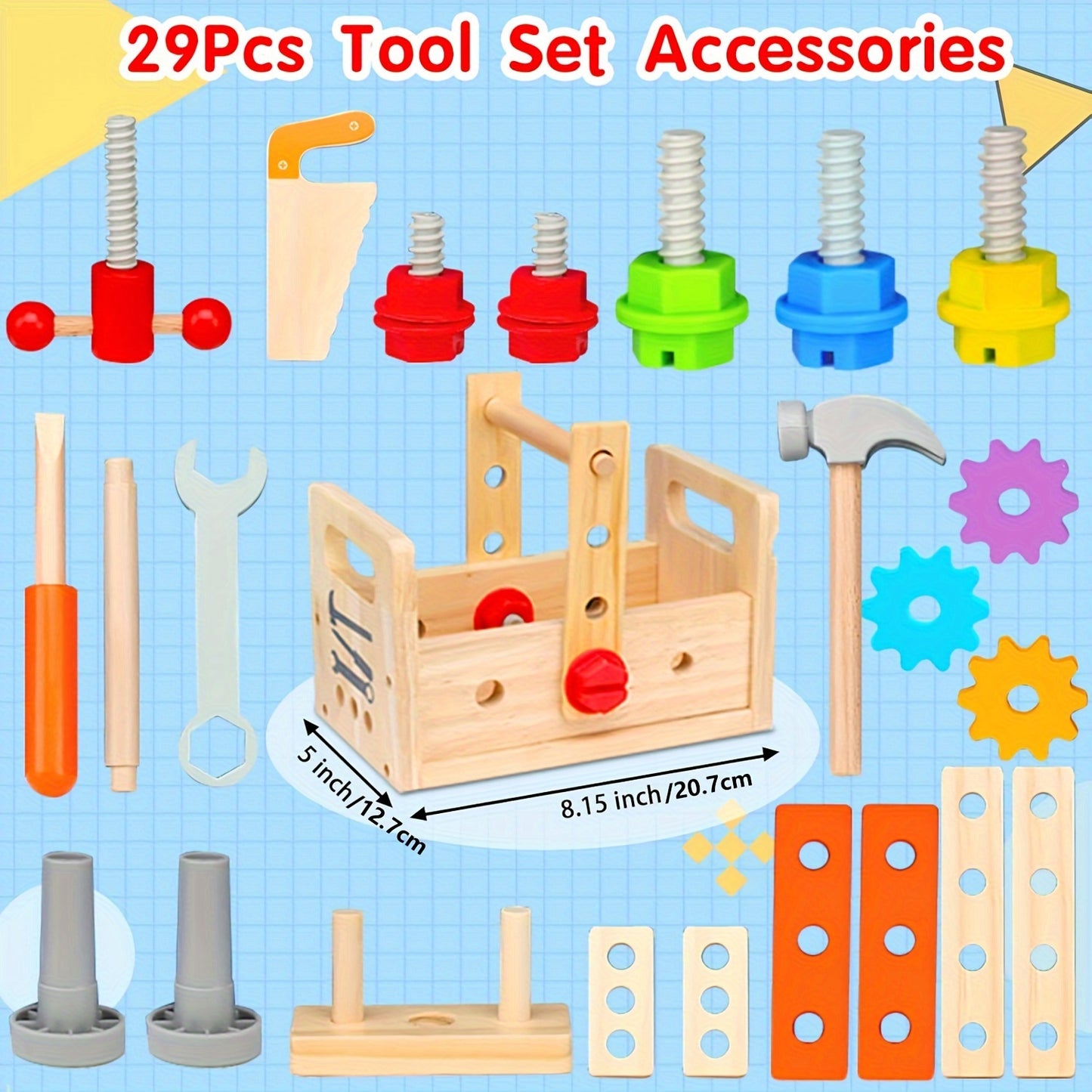 29-piece Wooden Tool Set for Kids with Storage Box - STEM Educational Toys for Ages 3-6, Ideal Birthday Gift for Winter or New Year.