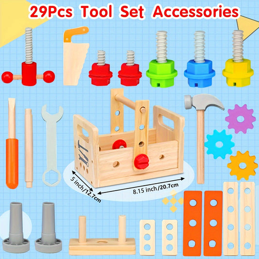 29-детальный деревянный набор инструментов для детей с коробкой для хранения - STEM образовательные игрушки для детей от 3 до 6 лет, идеальный подарок на день рождения для зимы или Нового года.