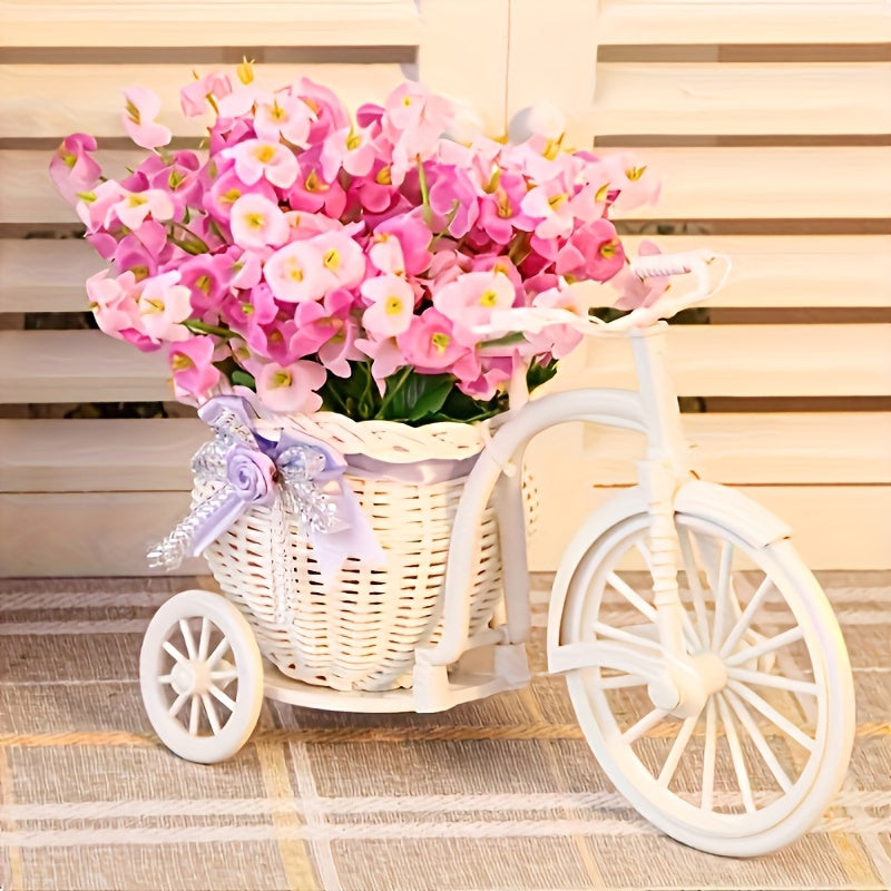 Stylish artificial flower pot on rattan cart for living room decor and supermarket displays.