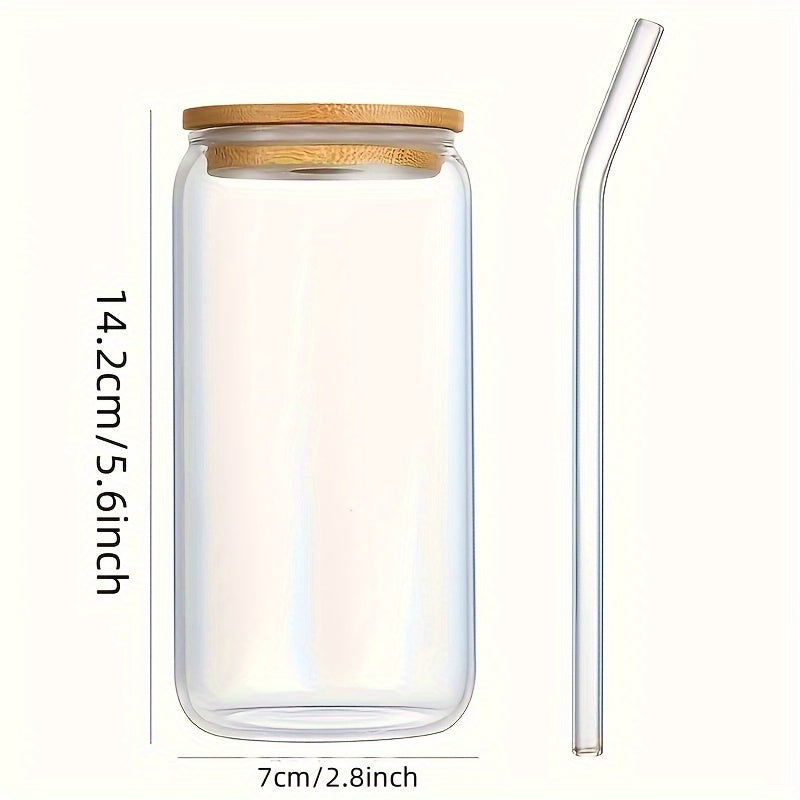 Glass cups with bamboo lids and straw, beer can shaped, 16 oz capacity for various drinks.