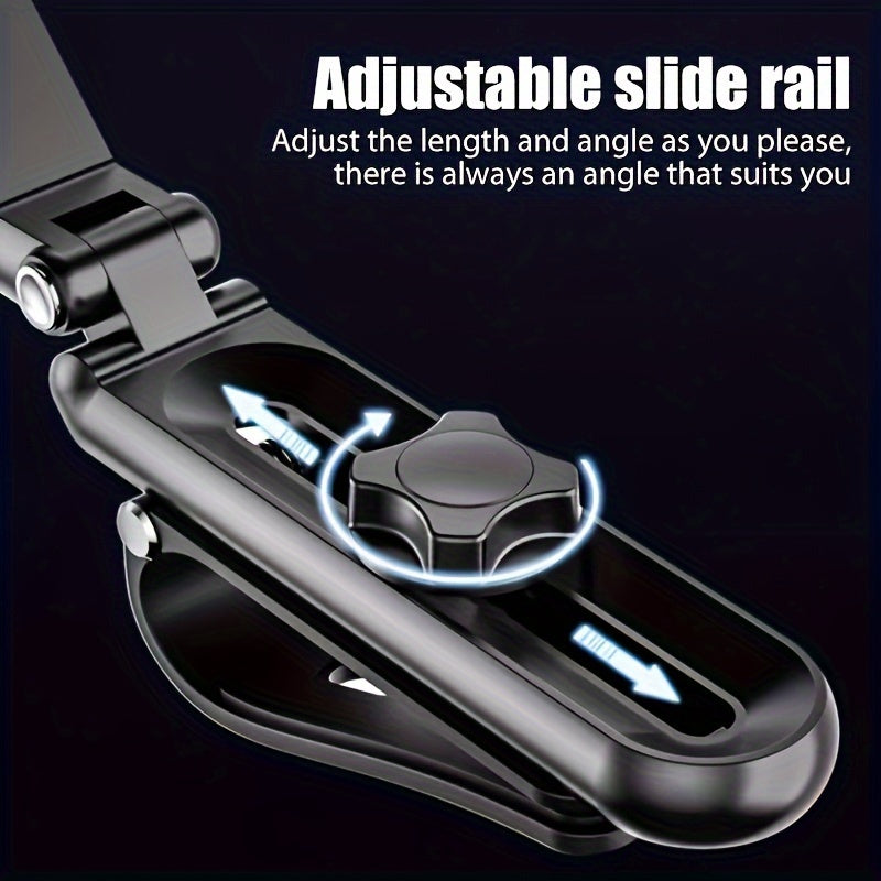 Rotatable car sun visor phone holder made of ABS material, compatible with dashboard and waterproof.